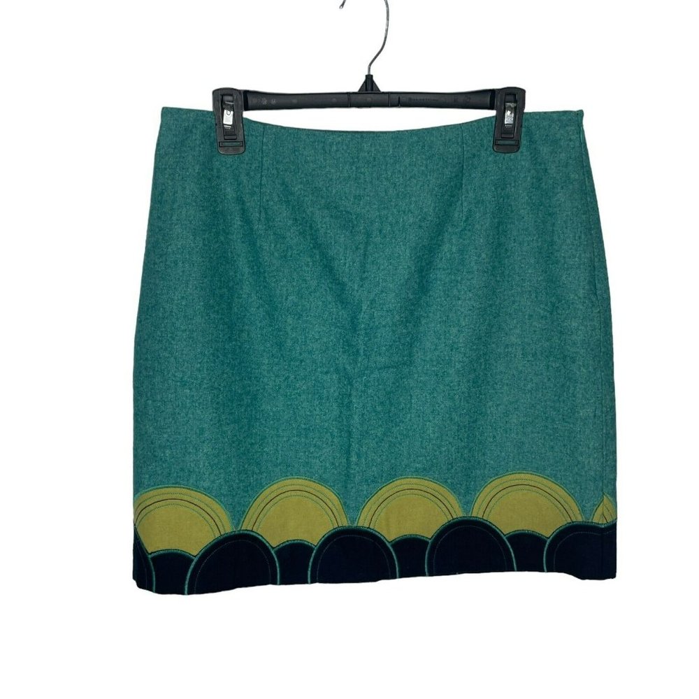 Teal Wool Blend Skirt with Green and Navy Scallop Hem